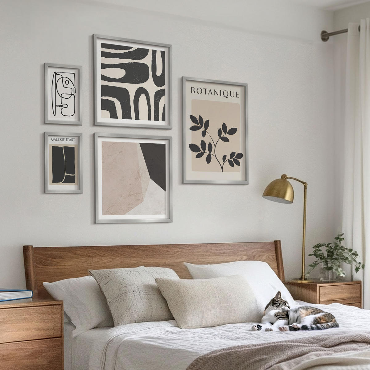BILDER SET 5er Set - 50x50 cm & 20x30 cm & 40x60 cm Silberner Rahmen - Abstrakte Boho-Musterformen - Silberfarben, Kunststoff (40/60cm) - TULUP