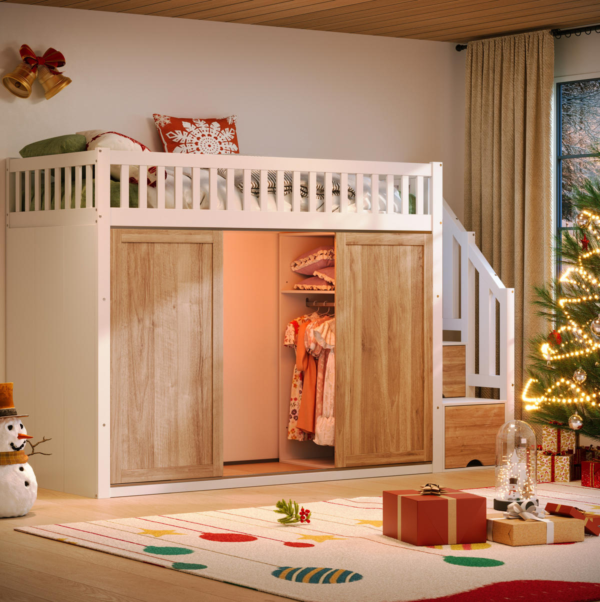 HOCHBETT 90/200 cm Weiß/Eiche mit Kleiderschrank und Treppe ohne Matratze - Weiß, Holz (90/200cm) - MIVRAY