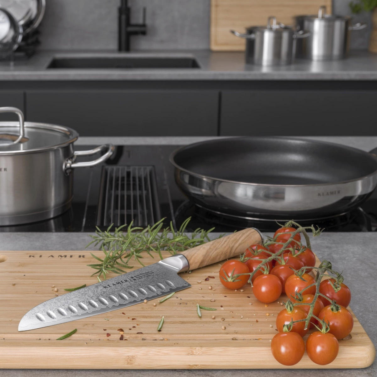 MESSER Premium Santoku Damastmesser 18 cm Olivenholz - Braun, Metall (32cm) - KLAMER