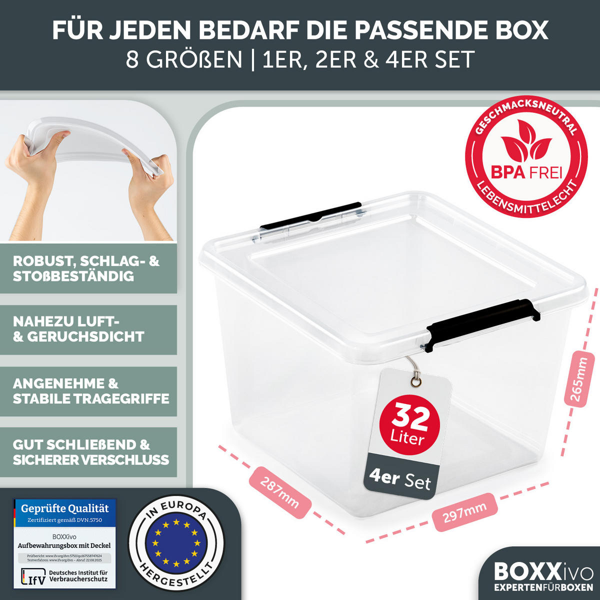 AUFBEWAHRUNGSBOXEN mit Deckel 32l im 4er Set - Transparent, Kunststoff (39/26.5/39cm) - BOXXivo