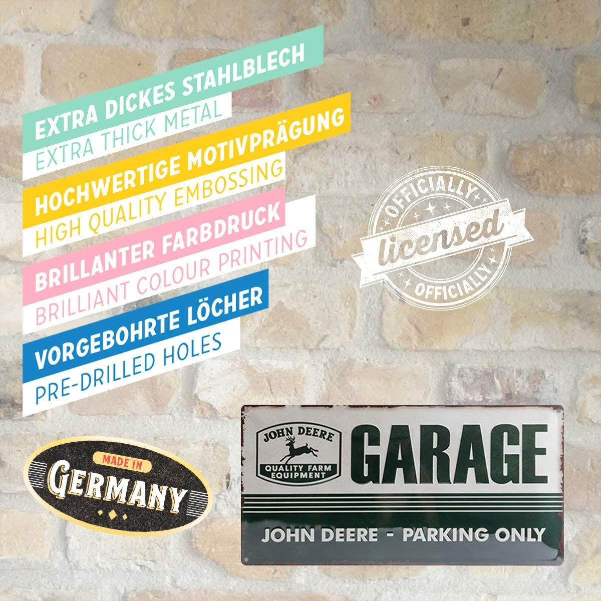 BLECHSCHILD 25/50 cm John Deere Garage - Multicolor, Metall (50/25/1cm) - Nostalgic-Art