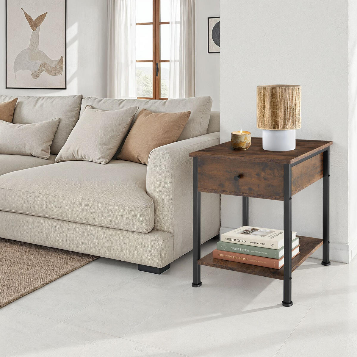 NACHTSCHRANK Bradford, 40 x 40 x 55,5 cm, Industrial Holz dunkel, rustikal - Rostfarben, Holzwerkstoff (40/55.5/40cm) - tectake