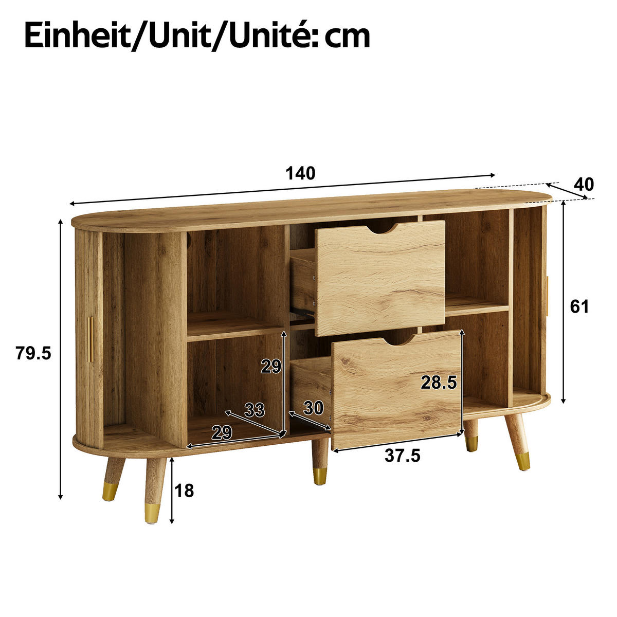 SIDEBOARD V dekoru dřeva se 2 zásuvkami a otevřenými policemi - přírodní, kompozitní dřevo (140/79.5/40cm) - Urban Meuble