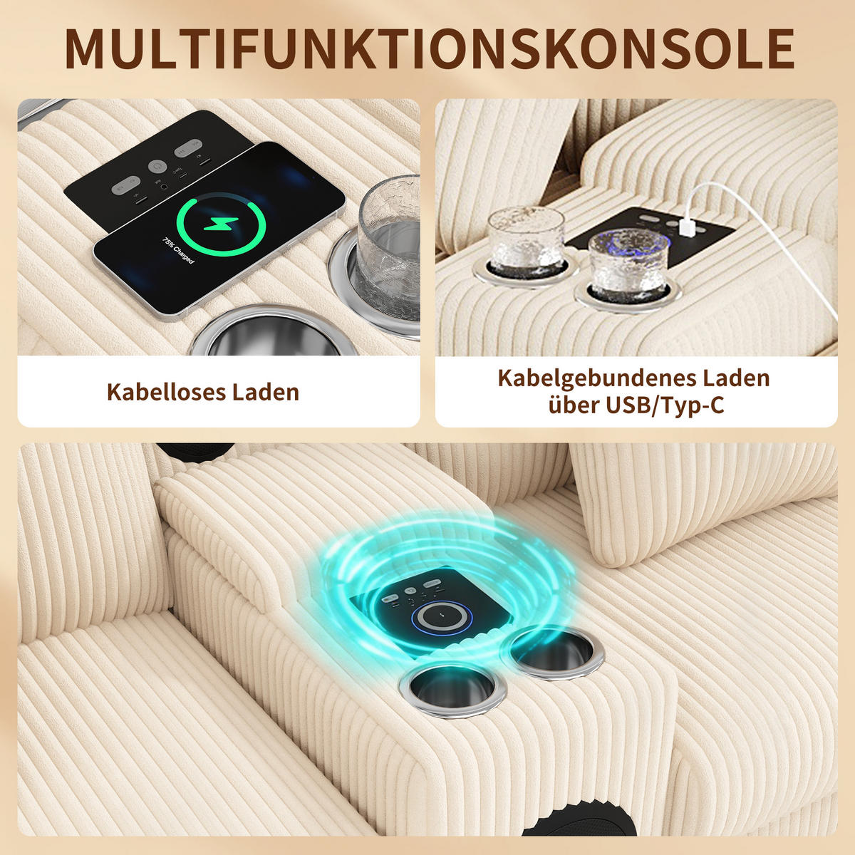 WOHNLANDSCHAFT Cord Beige mit Stauraum, Bluetooth, USB und Type-C - Beige, Holzwerkstoff/Kunststoff (315.5/84.5/144cm) - WISHDOR