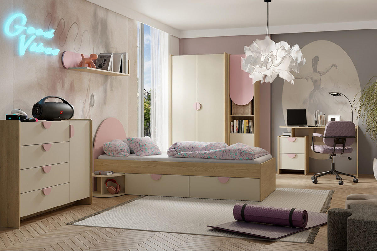 KINDERKLEIDERSCHRNAK LEXO 01 123/198/60 cm in Eiche Cremona/Macadamia/Puderrosa - Eichefarben/Beige, Holzwerkstoff (123/198/60cm) - Deine Möbel 24
