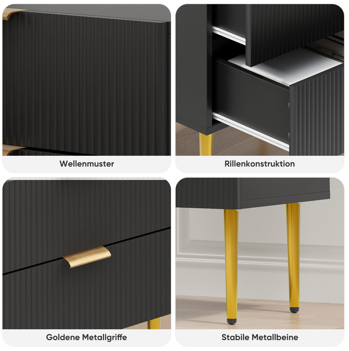 NACHTTISCH aus MDF und Metall 53x41x53 cm Schwarz mit 2 Schubladen und Rillenfront - Schwarz, Holzwerkstoff (53/53/41.3cm) - Modfu