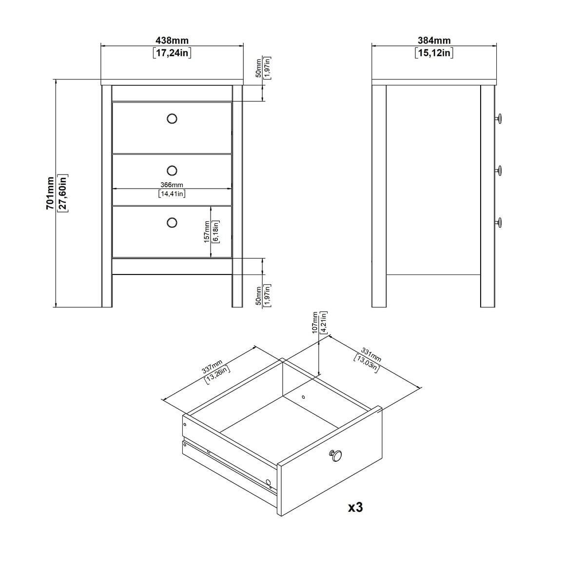 NACHTTISCH mit 3 Schubladen matt schwarz barcelone 43,8/38,4/70,1 cm - Schwarz, Holzwerkstoff (38.4/70.1/43.8cm) - Calicosy