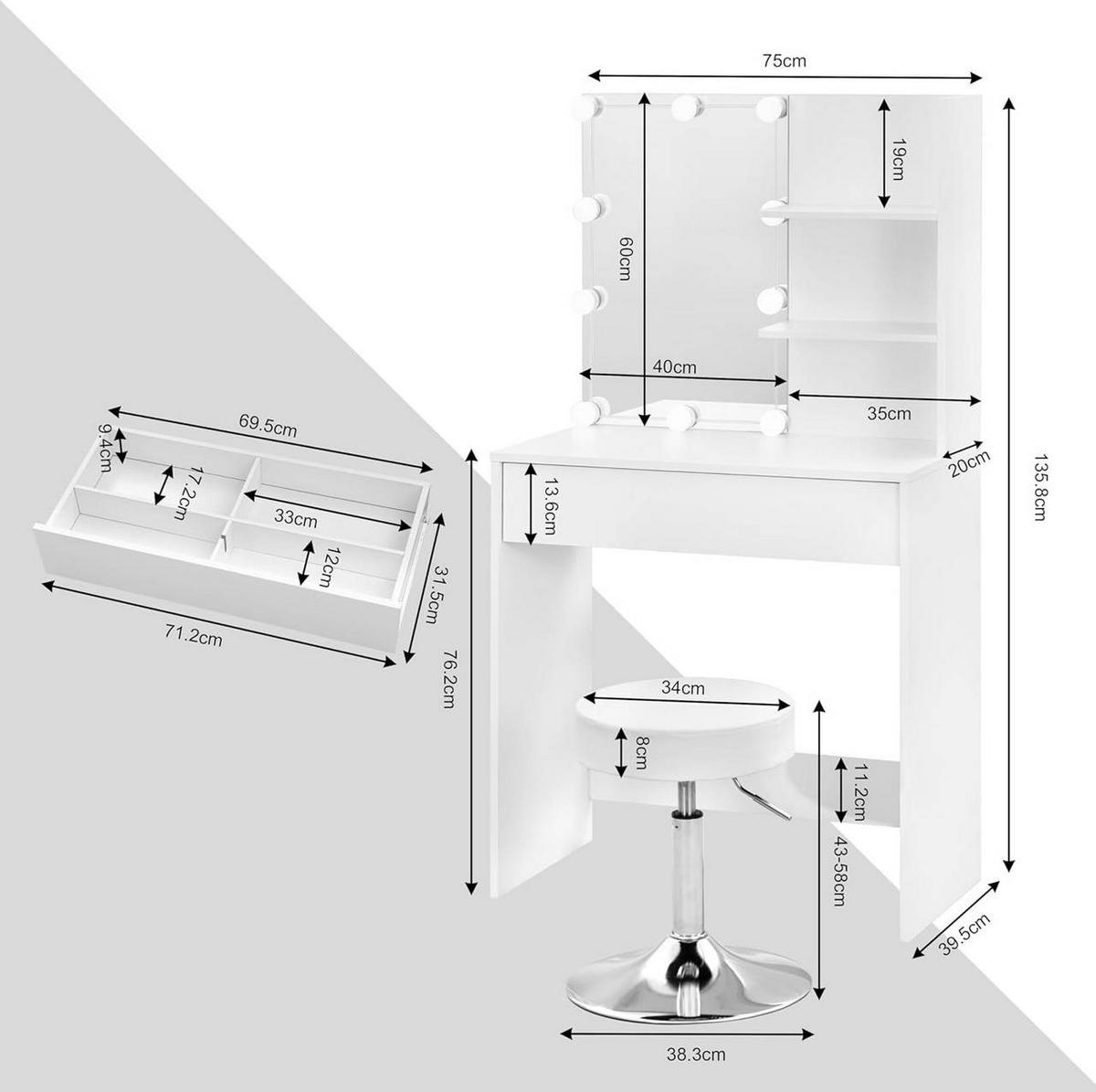 SCHMINKTISCH mit Beleuchtung Spiegel Hollywood, Schminkhocker Weiß - Silberfarben/Weiß, Holzwerkstoff/Metall (75/136/40cm) - Woltu