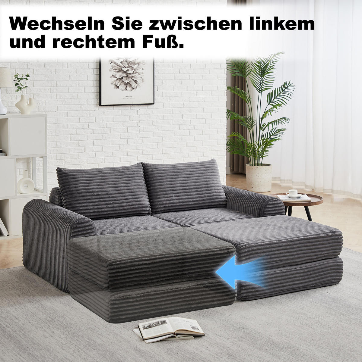 SCHLAFSOFA, Cord mit modularem Aufbau & abnehmbarer Fußstütze, 243/194/53 cm, Grau - Grau, Textil (243/53/194cm) - Redom
