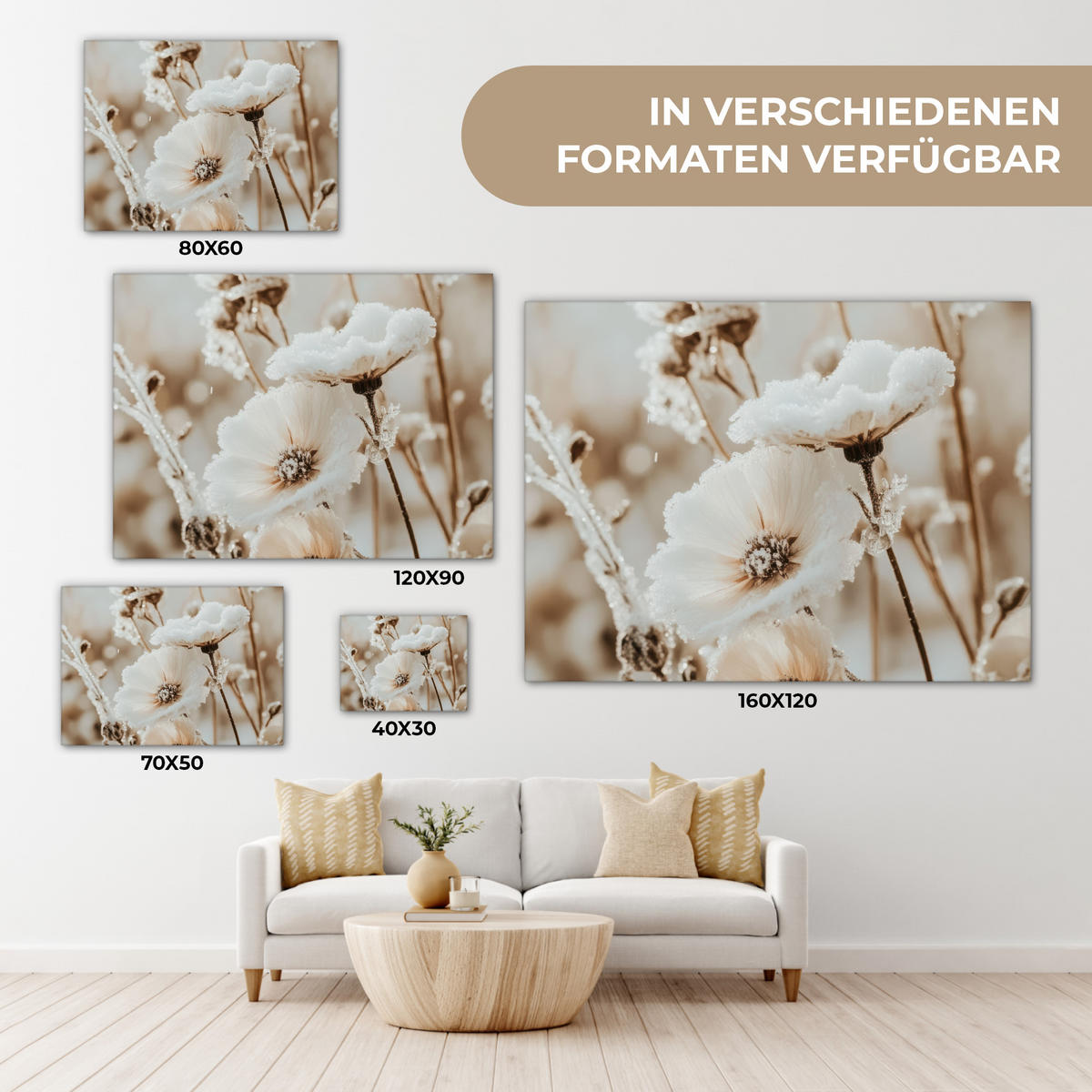 LEINWANDBILD Blumen - Winter - Weiß - Schnee - Beige Wandbilder 80x60 cm - Creme, Textil (80/60cm) - MuchoWow