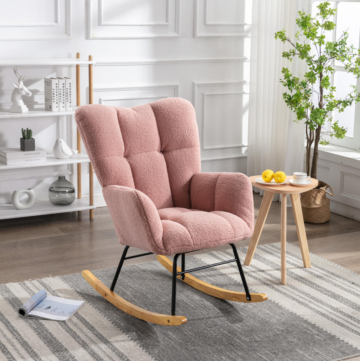 SCHAUKELSTUHL 80/70/95 cm rosa aus Lammfell-Optik mit hoher Rückenlehne - Rosa, Textil (70/95/80cm) - OKWISH