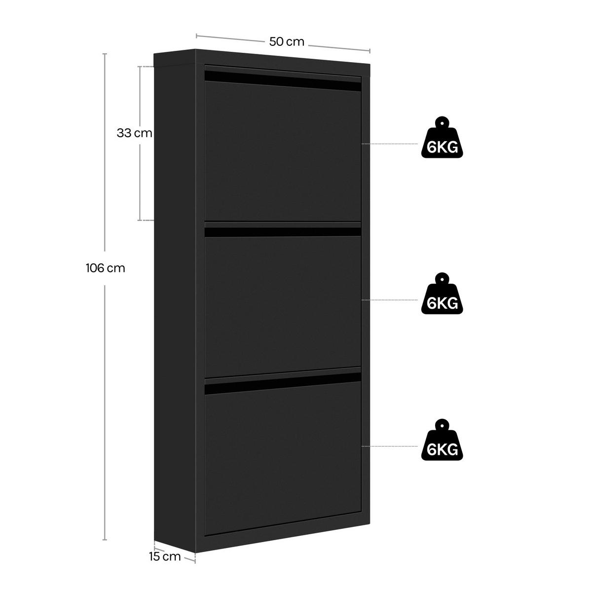 SCHUHKIPPER mit 3 Klapptüren, 50 x 106 x 15 cm, Schwarz - Schwarz, Metall (50/106/15cm) - Kaket