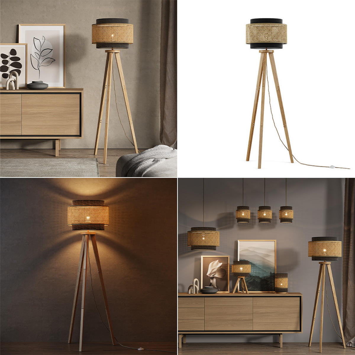 TALNA SVETILKA Morten Ratan/črna - črna, les (45/45/142cm) - Vicco