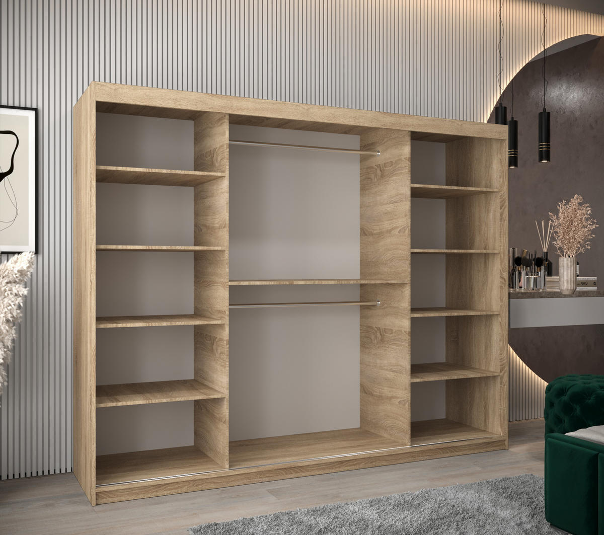 SCHWEBETÜRENSCHRANK 200/250/62 3-türig - Silberfarben/Sonoma Eiche, Holz/Kunststoff (250/200/62cm) - Abiks Möbel