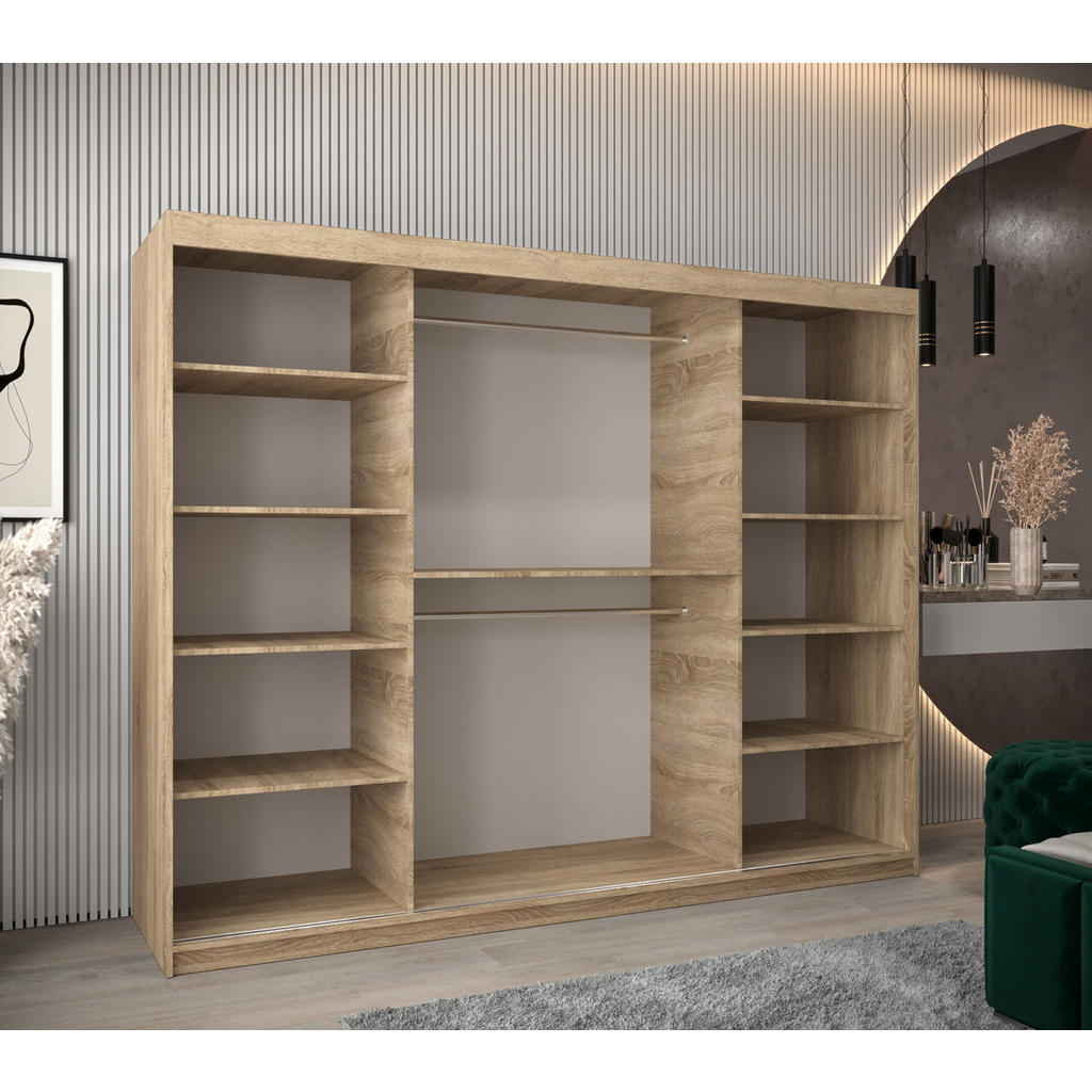 Thumbnail - Möbel Kryspol Schwebetürenschrank, Sonoma Eiche, Schwarz, Silber, Kunststoff, Nachbildung, 9 Fächer, 250x200x62 cm, Schl...