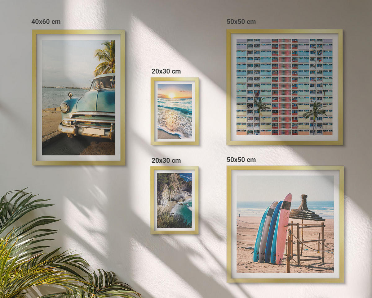 BILDER SET 5er Set - 50x50 cm & 20x30 cm & 40x60 cm Goldrahmen - Sonnenuntergang in Miami - Goldfarben, Kunststoff (40/60cm) - TULUP