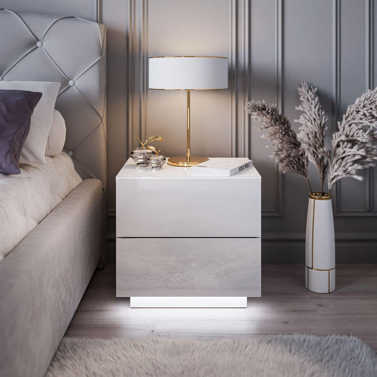 NACHTTISCH LINA LUX mit Hochglanzplatte, LED, Push Open - Weiß, Holzwerkstoff (45/48/39cm) - Lookway