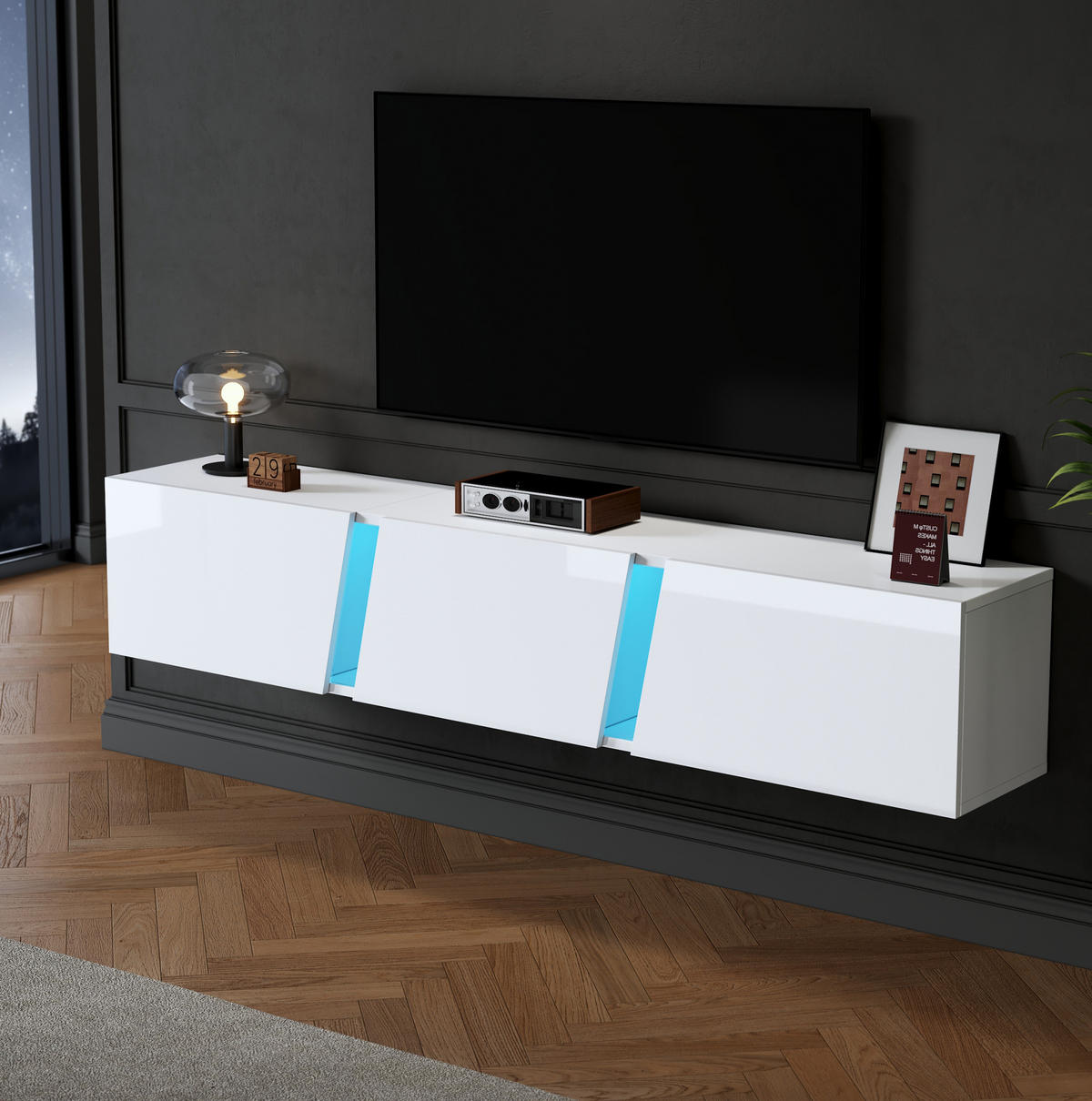 ZÁVĚSNÝ TV stolek 180/35/30 cm s LED osvětlením a třemi klopnými dvířky, vysoký lesk, Bílá - bílá, kompozitní dřevo (180/30/35cm) - Redom
