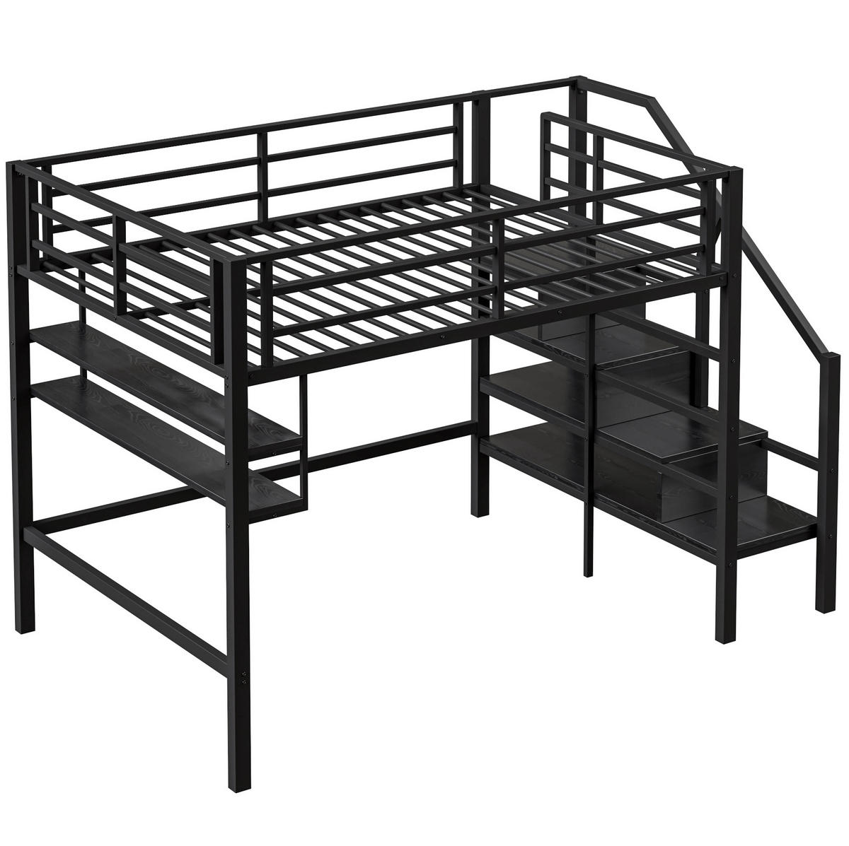 HOCHBETT 140/200 cm in Schwarz – mit Stauraumleiter und Regalfächern - Schwarz, Metall (140/200cm) - BEAOK