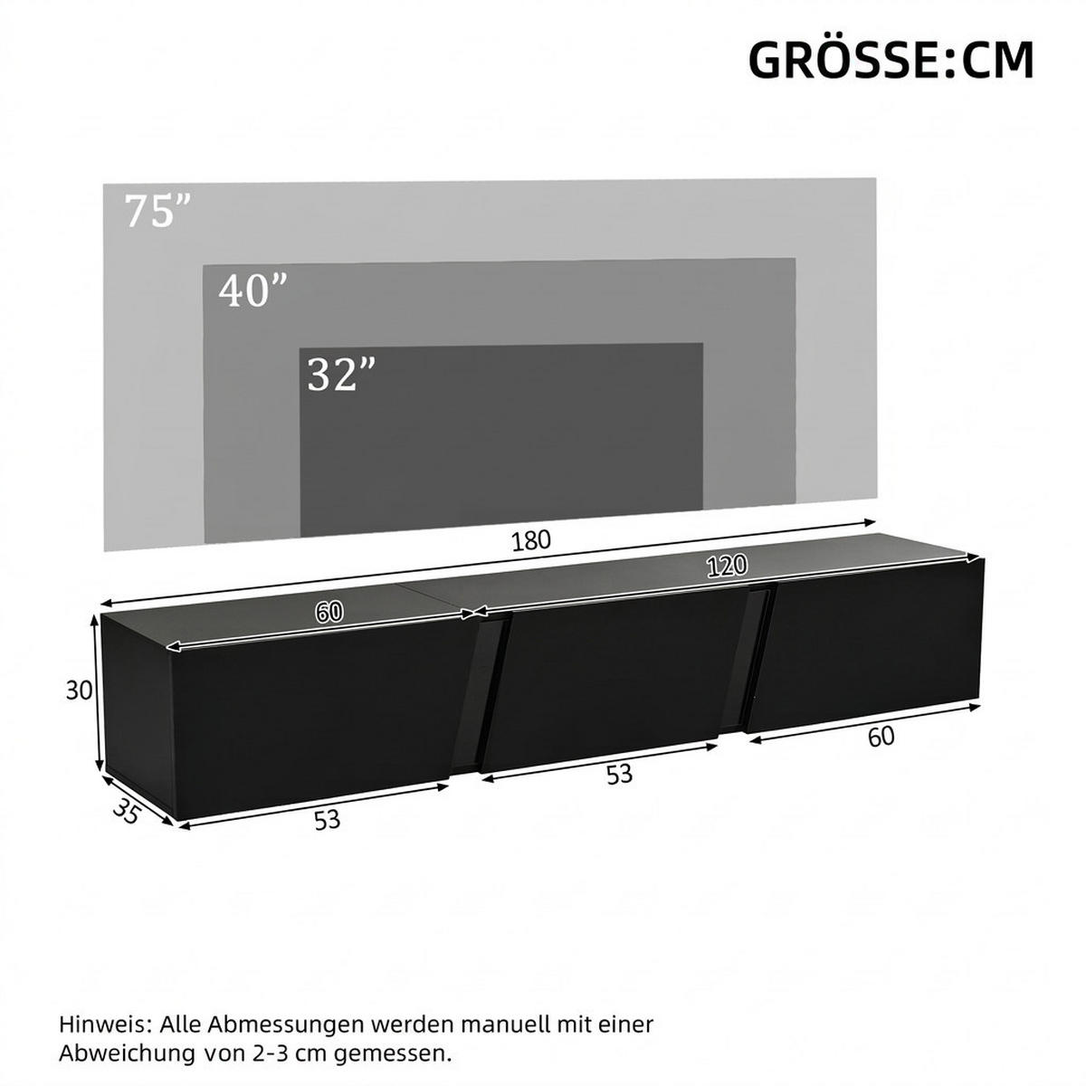 TV-SCHRANK 180/35/30 cm Schwarz Hochglanz mit LED und 3 Türen - Schwarz, Holzwerkstoff (180/30/35cm) - Oxeza