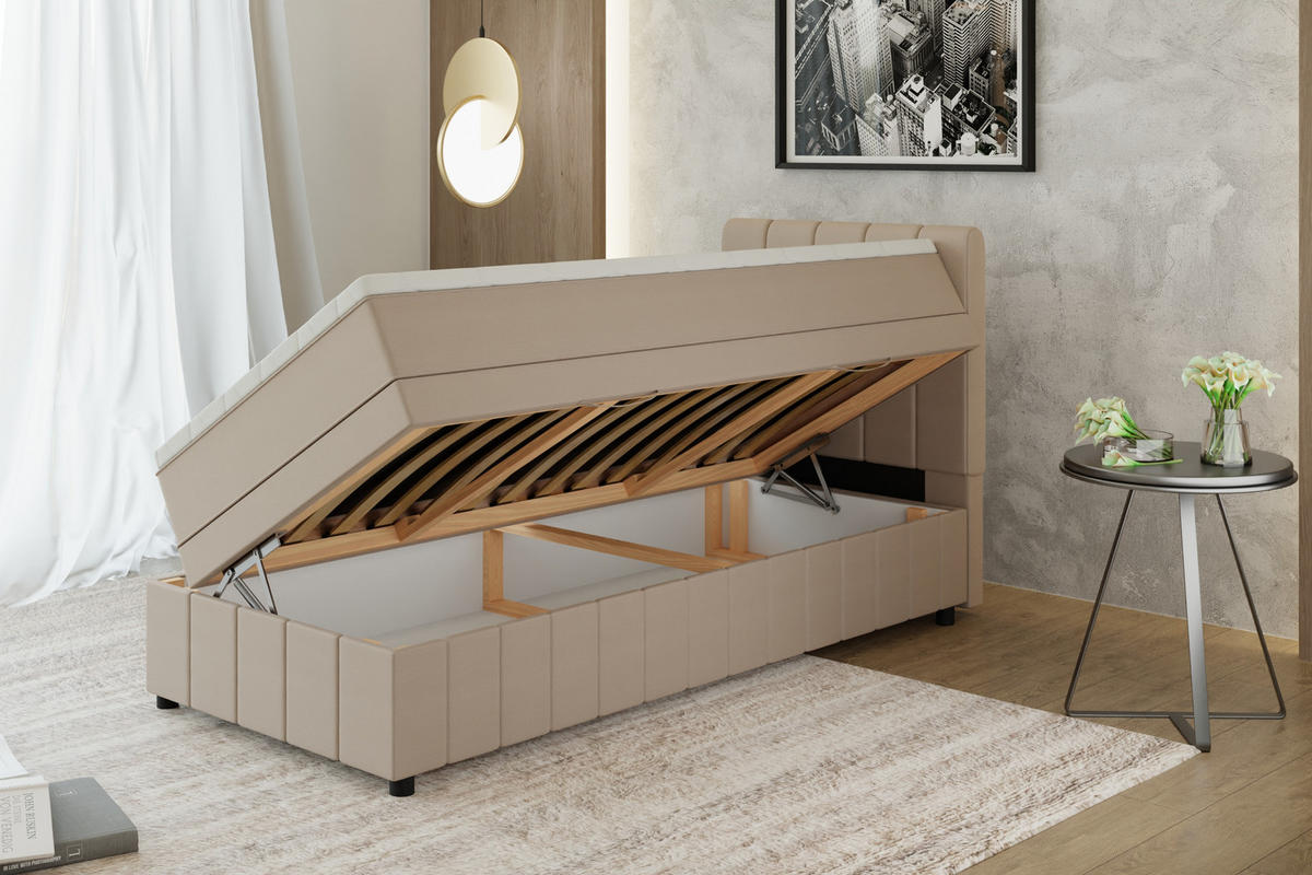 BOXBETT AVALON 90 x 200 cm mit Bettkasten und Topper - Beige - Beige, Holz - Panda Möbel