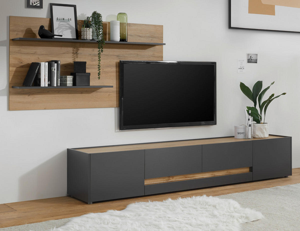 WOHNWAND 2-teilig grau matt, Eiche Wotan 300 cm, Wohnkombination mit XXL Lowboard - Eiche Wotan/Grau, Holz/Holzwerkstoff (300/180/45cm) - Furn.Design