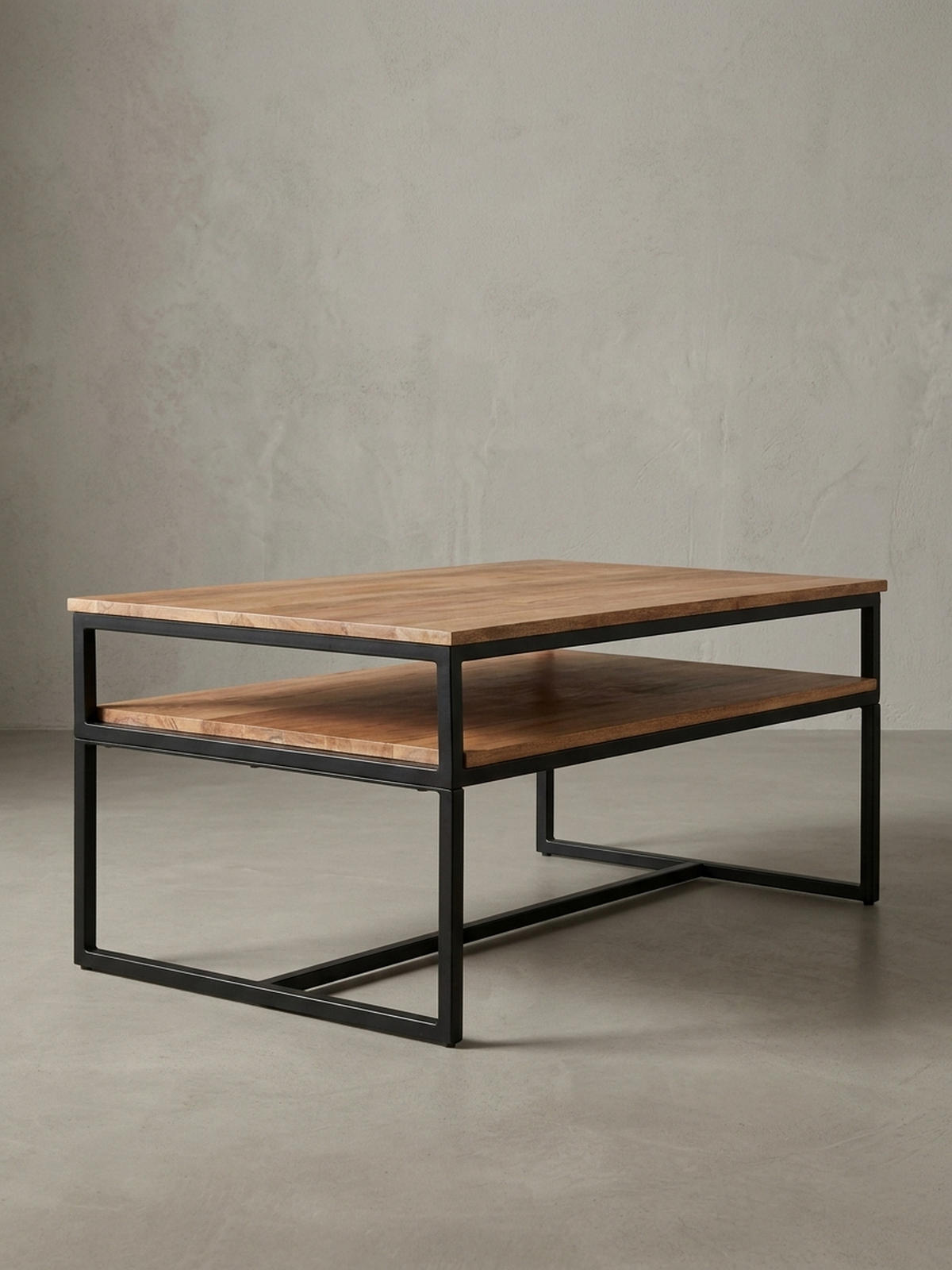 COUCHTISCH Industrial Vintage, Akazienholz und Eisen, 2 Ablagen, Belastbarkeit 15 kg - Beige/Schwarz, Holz/Metall (60/100/45cm) - KADIMA DESIGN