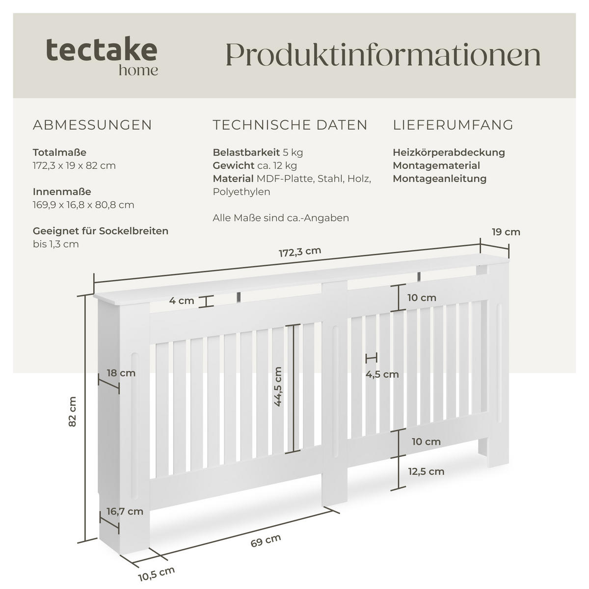 HEIZKÖRPERABDECKUNG Vila,optimale Luftzirkulation,weiß - Weiß, Holz (19/172/82cm) - tectake