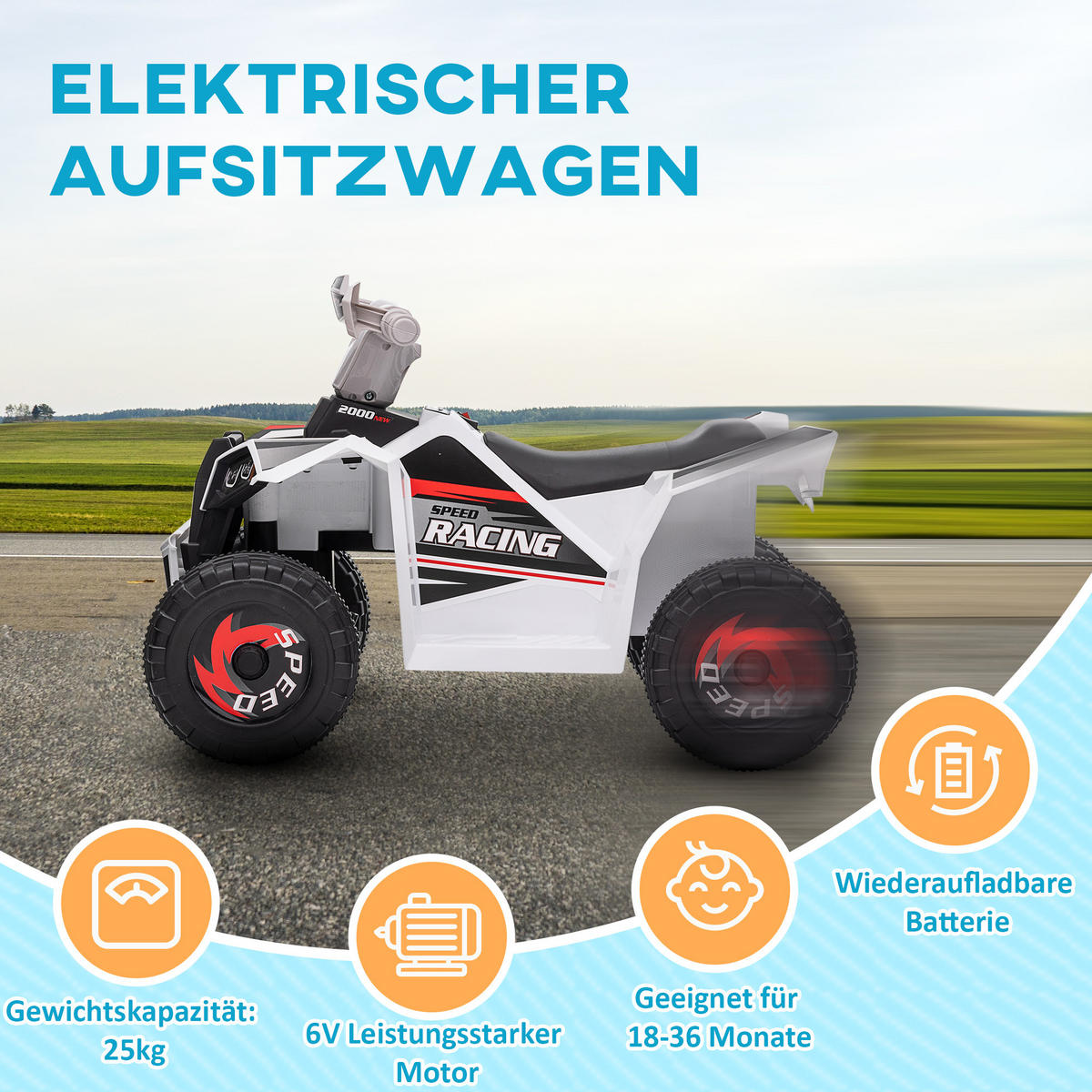 MINI ELEKTRO-QUAD KINDER, Blau/Rosa/Weiß, Kunststoff+ Metall - Weiß, Metall (70/41.5/48.5cm) - HOMCOM