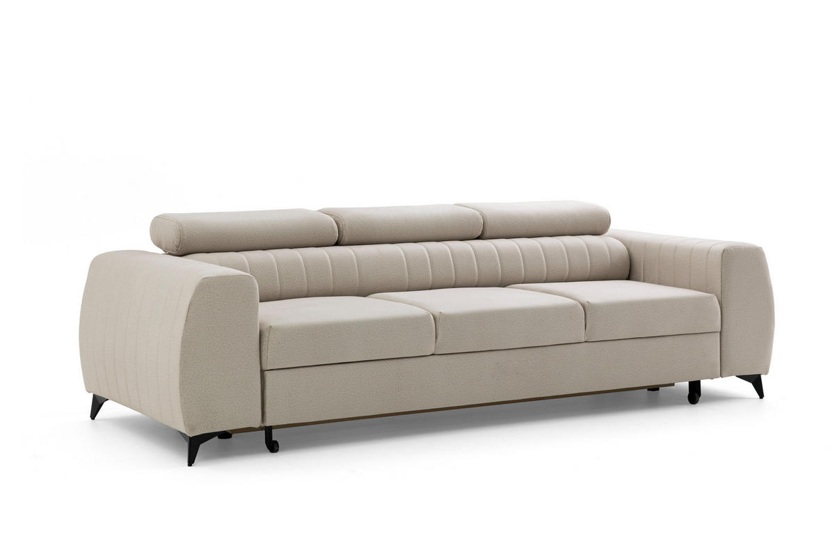 3-SITZER-SOFA PIERO mit Schlaffunktion 125x195 Velours Creme - Creme/Schwarz, Holz/Textil (260/90/100cm) - Muffo