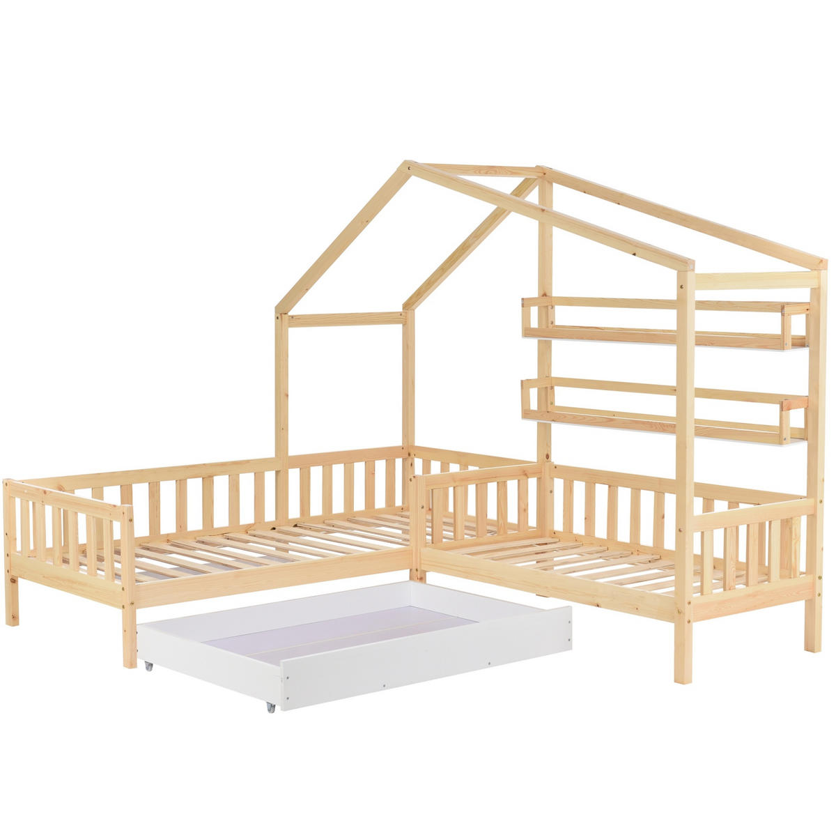 KINDERBETT aus Kiefernholz 90x200 cm+140x70 cm Natur mit Schublade, Regalen und Lattenrost in L-Form - Naturfarben, Holz (90/200cm) - Modfu
