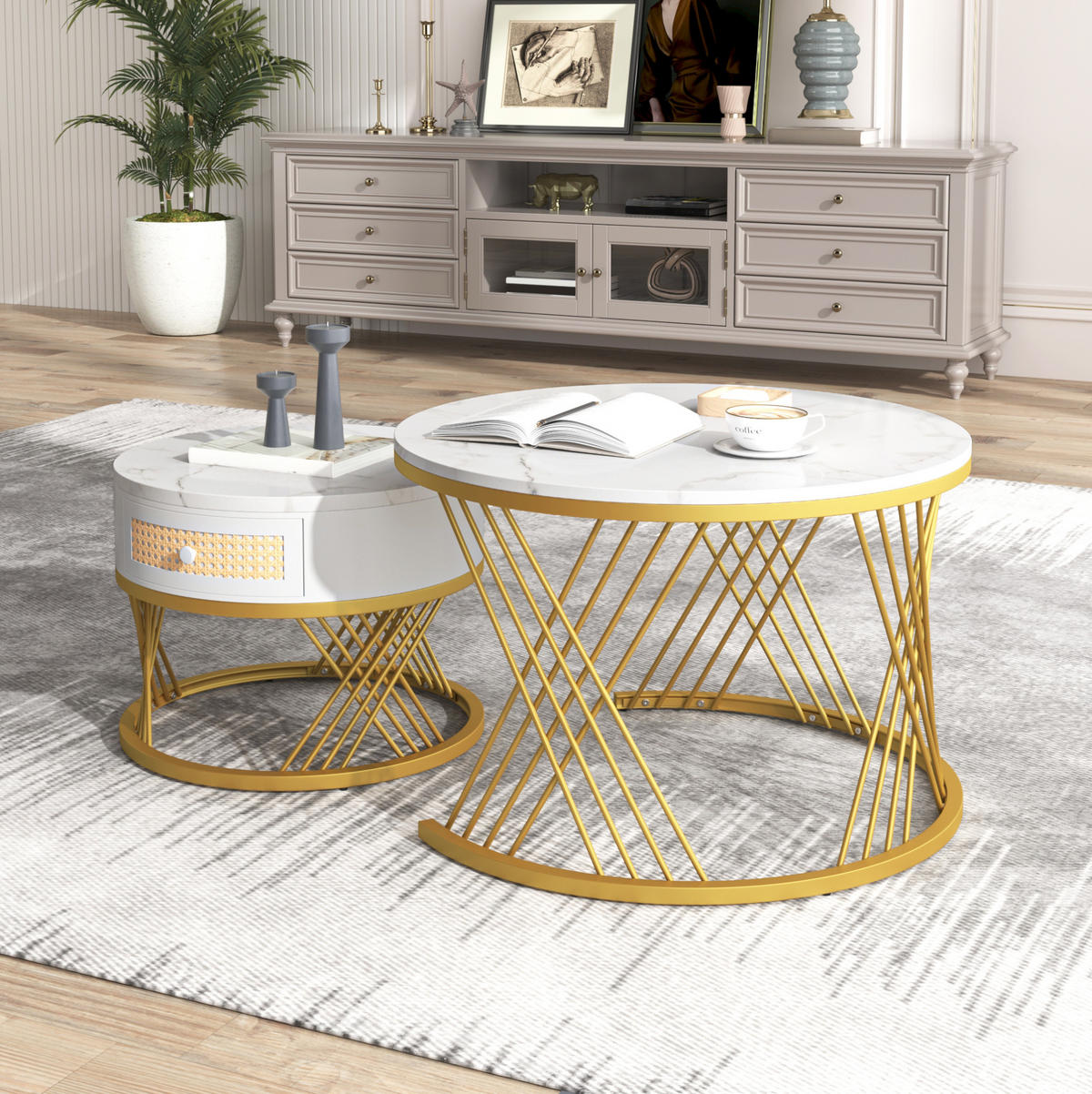 COUCHTISCH 70/50 cm Weiß aus MDF mit Marmormuster und Schublade - Weiß, Holzwerkstoff (70/70/45.5cm) - OKMYHOME