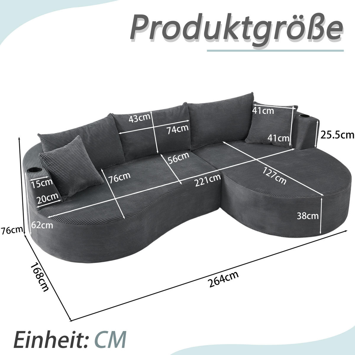 3-SITZER ECKSOFA Cord Grau mit Getränkehaltern und Kissen - Grau, Textil (264/168cm) - WISHDOR