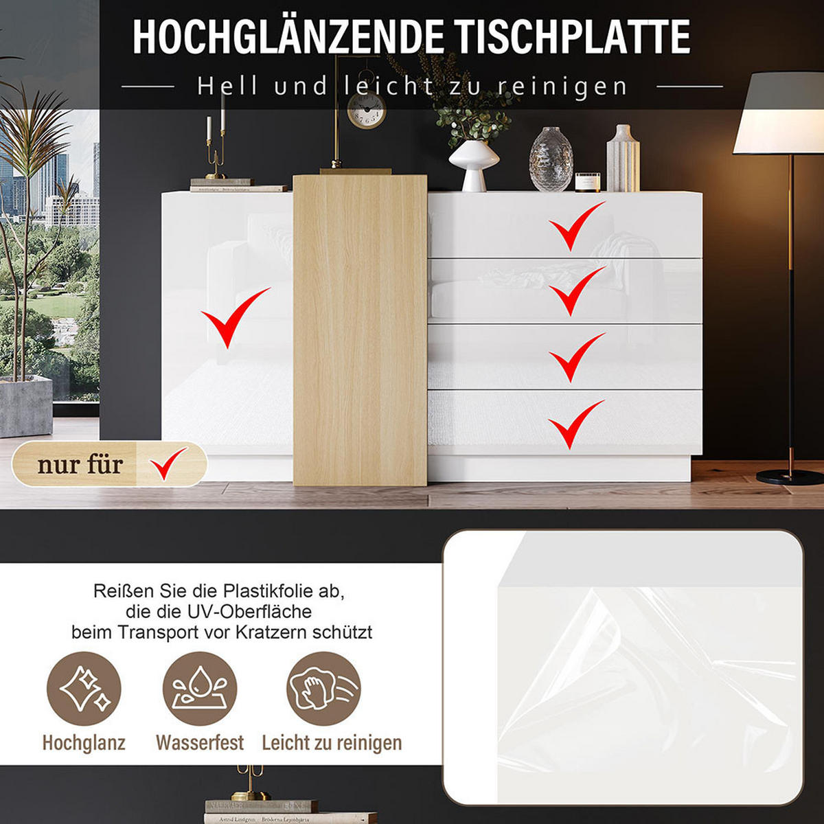 SIDEBOARD in Weißes Hochglanz, Minimalistischer - Weiß, Holz (37.5/87/150cm) - KOMHTOM