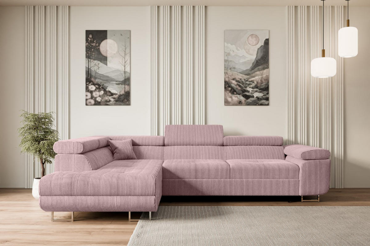 ECKSOFA mit Schlaffunktion und Bettkasten GUSA-L 272x202x107 cm Rosa Cord - Silberfarben/Rosa, Holzwerkstoff/Textil (202/272cm) - ALTDECOR