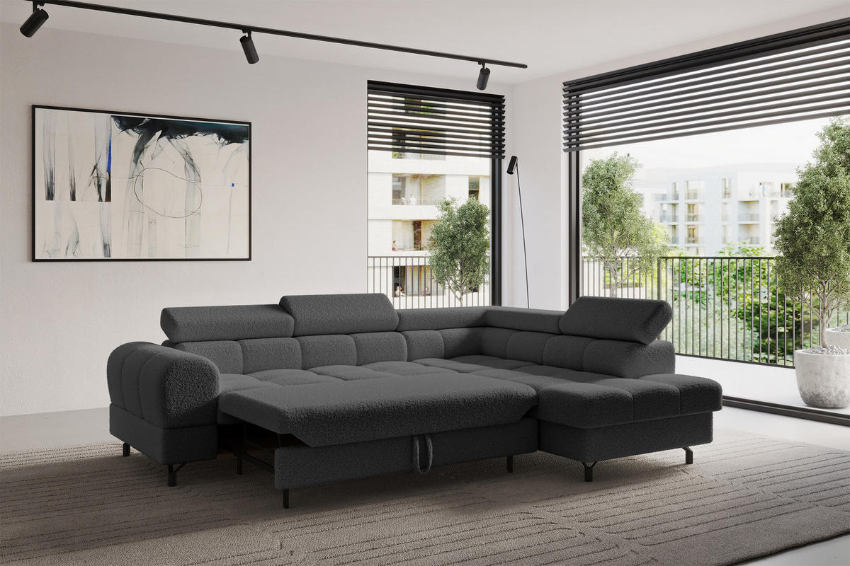 ROHOVÁ SEDAČKA s funkcí spaní otomana vpravo LUMA-L 272x203x70 šedá buklé - šedá/černá, kompozitní dřevo/textil (203/272cm) - ALTDECOR