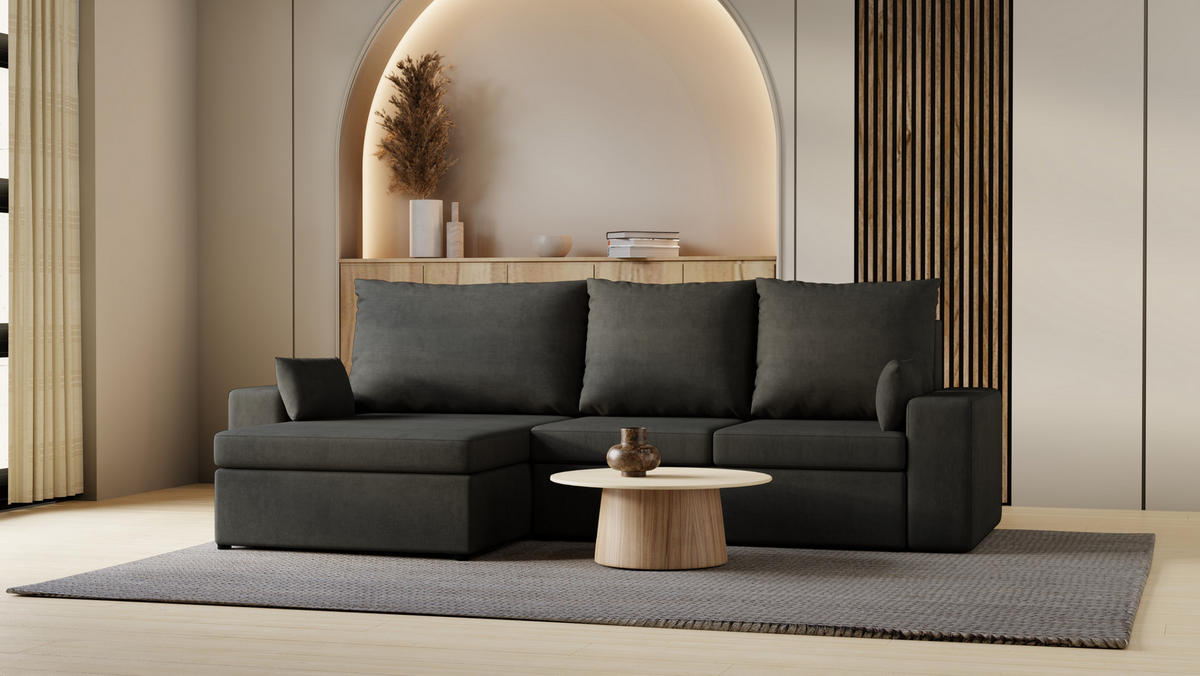 ECKSOFA Paco mit Bettkasten und Schlaffunktion, L-Form/XL-Form, Velourstoff, Universal - Graphitfarben, Holzwerkstoff (276/145cm) - 4ALL HOME