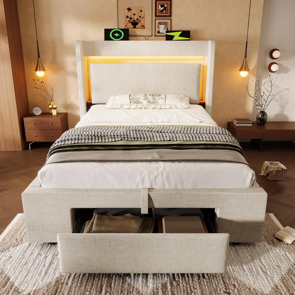 POLSTERBETT 90/200 cm mit LED, USB- und USB-C-Anschluss, hydraulischem Stauraum und Schublade und Matratze, Beige - Beige, Textil (90/200cm) - Redom