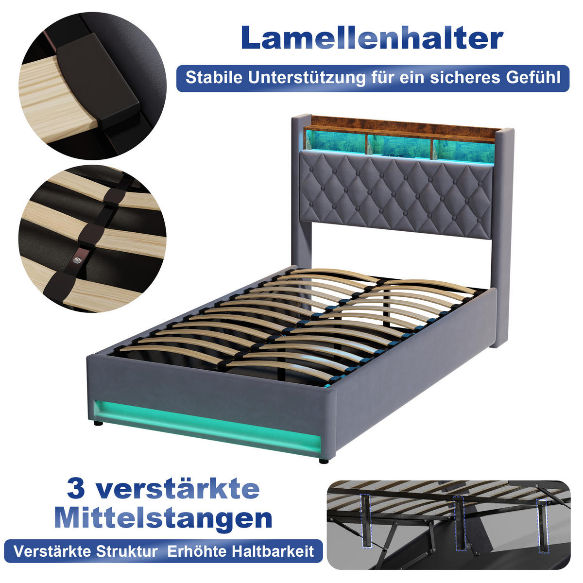 POLSTERBETT 140/190 cm aus Samt in Dunkelgrau mit Lattenrost - Grau, Textil (140/190cm) - BEAOK