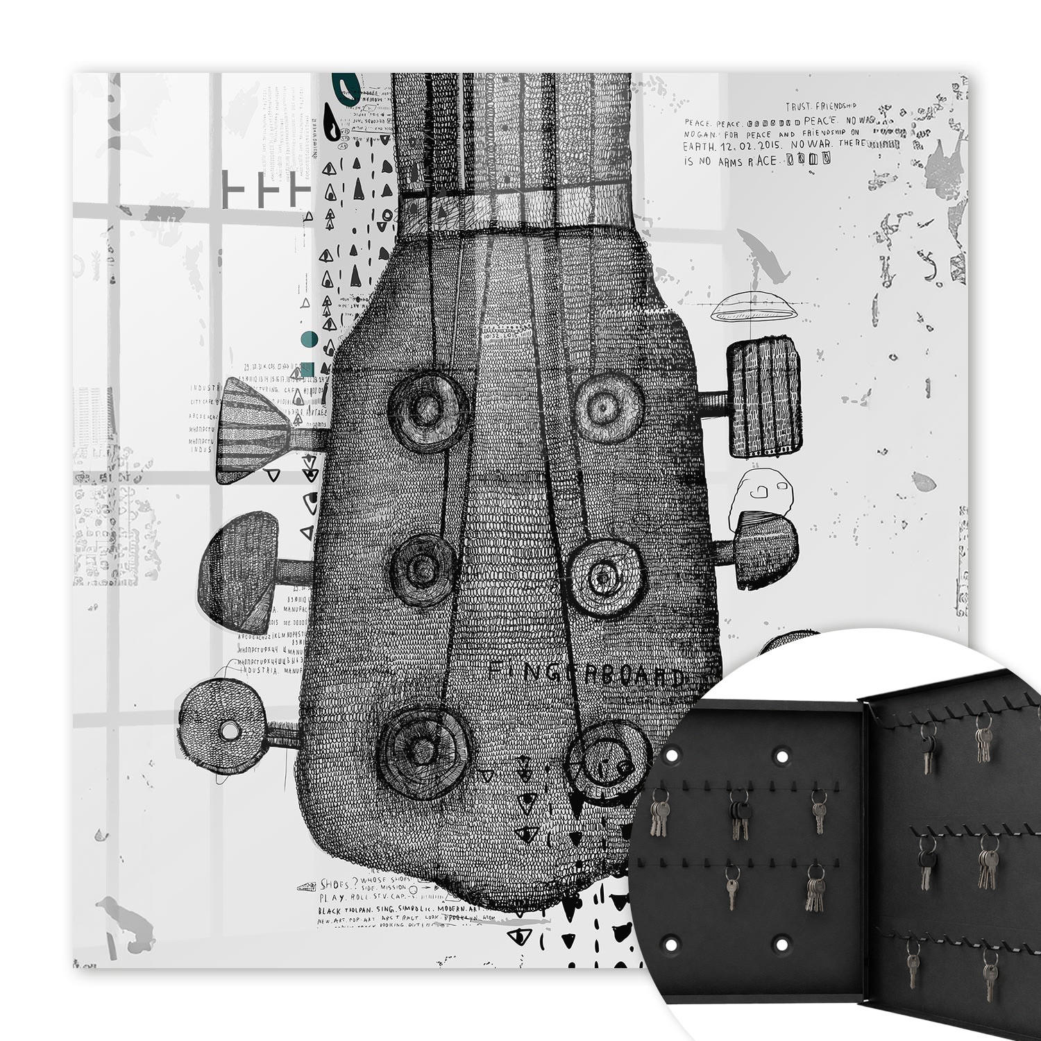 SCHLÜSSELBOX Schwarz 30x30 cm- Türöffnung nach rechts - Gitarrenillustration - Weiß, Metall (30/30/5cm) - TULUP
