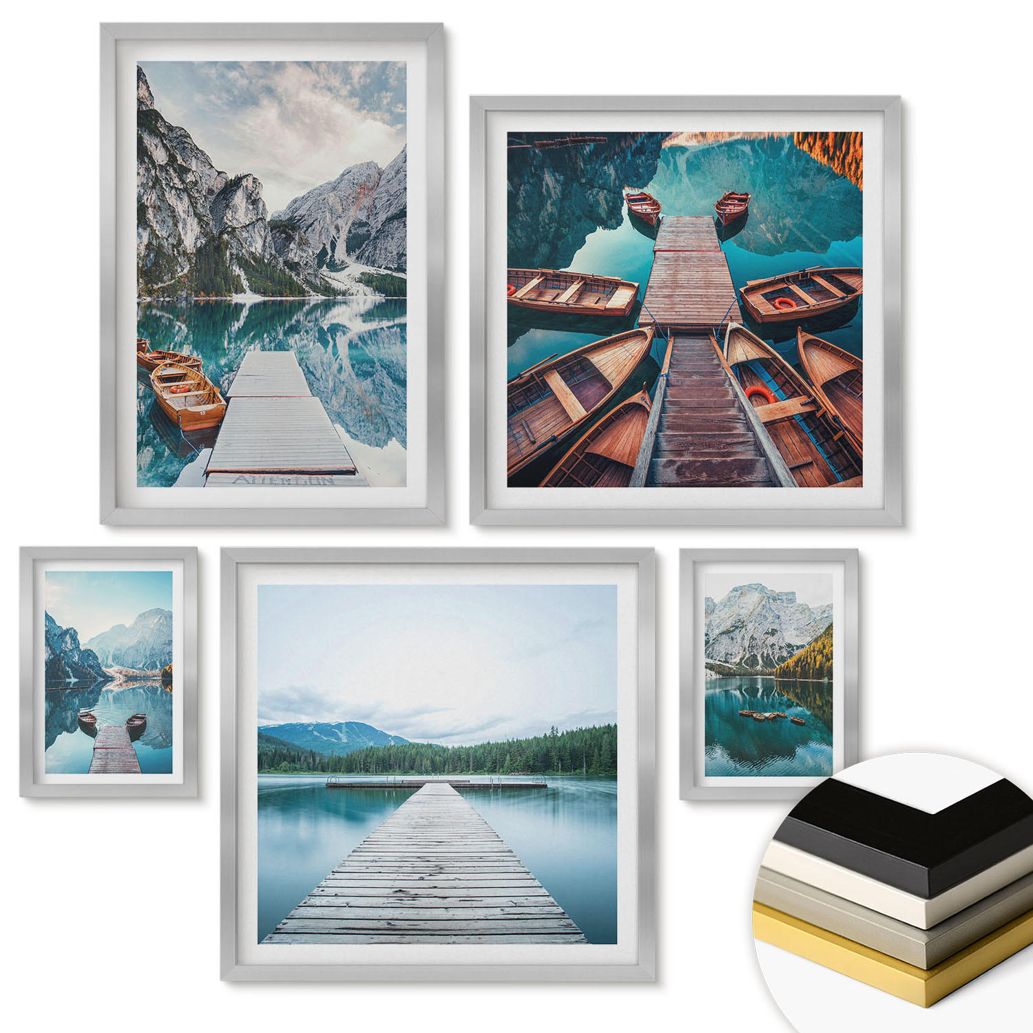 WANDBILDER 5er Set - 50x50 cm & 20x30 cm & 40x60 cm Silberner Rahmen - Holzstege am See, Boote - Silberfarben, Kunststoff (40/60cm) - ArtPrintCave