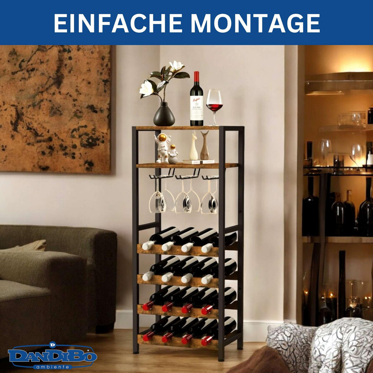 WEINREGAL 16-Flaschen mit Glashalter Metall/Holz Schwarz 41,5/24/100 cm - Schwarz, Metall (41.5/100/24cm) - DanDiBo