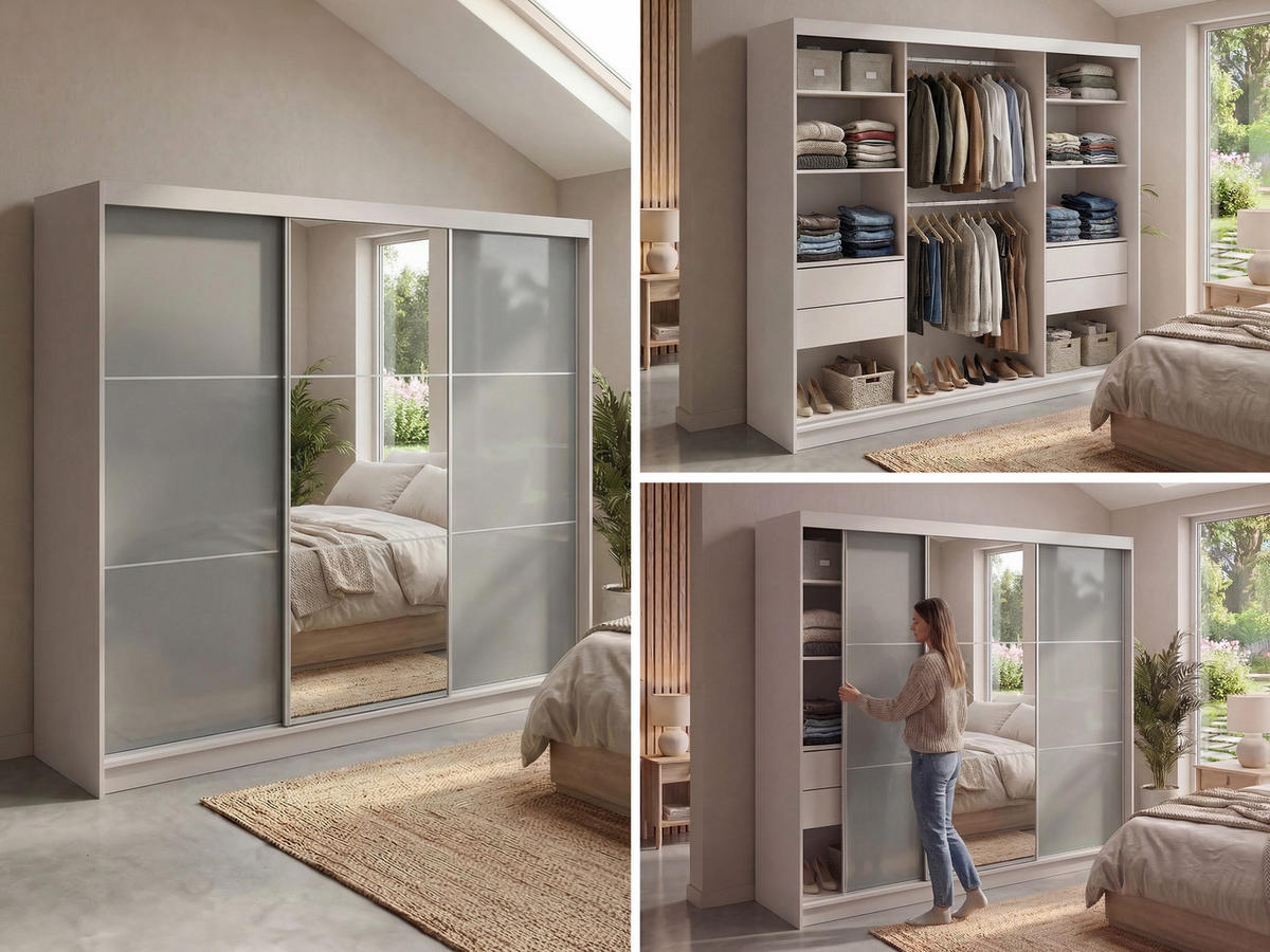 SCHWEBETÜRENSCHRANK mit Spiegel und Schubladen - WALENCJA - 240 - Kaschmir-Grau lacobel - Kaschmir/Alufarben, Holzwerkstoff/Metall (240/216/61cm) - MKS
