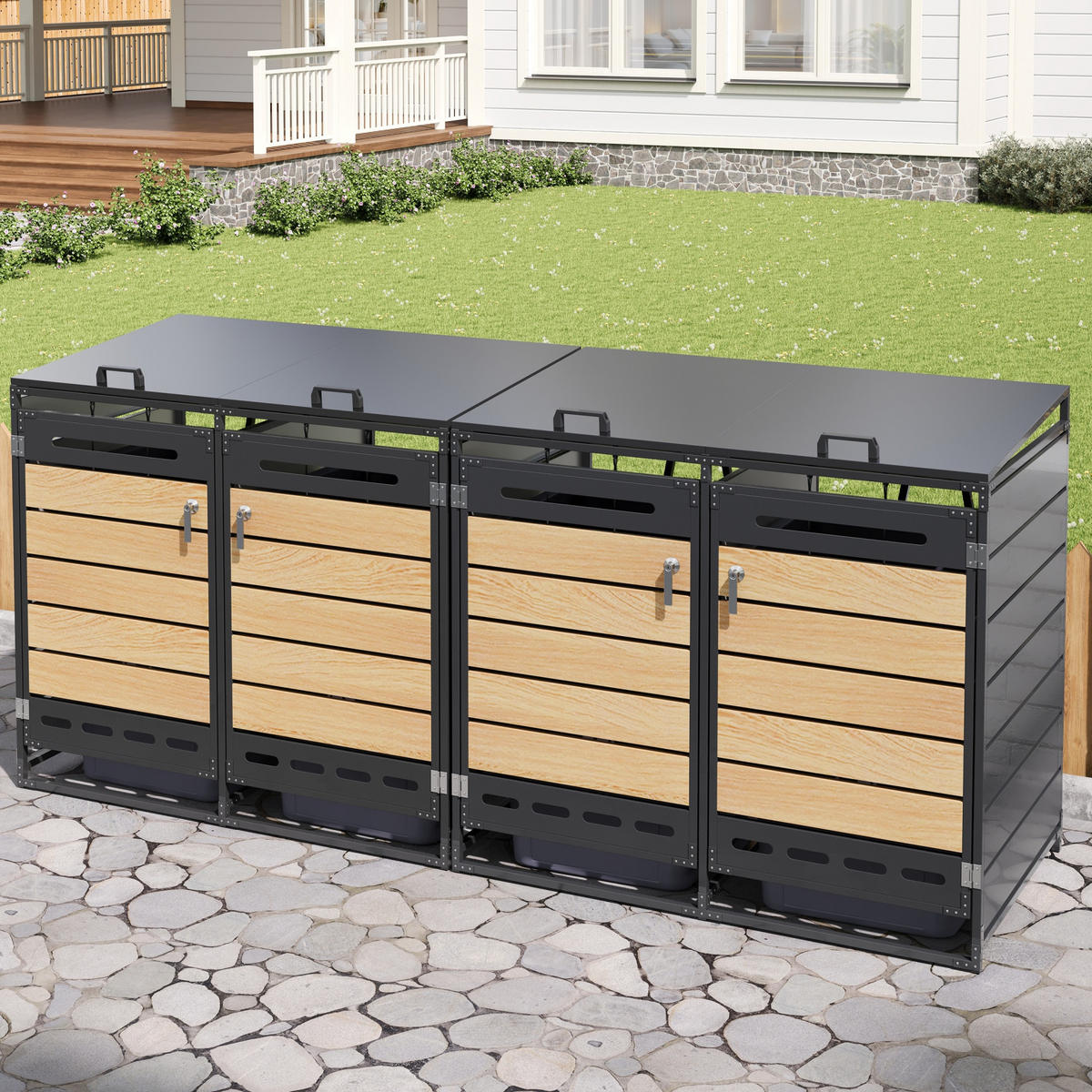 MÜLLTONNENBOX 4er Set Hydraulik Deckel Holzoptik horizontal Schloss - Schwarz, Metall (262/116/79cm) - LEBENLANG