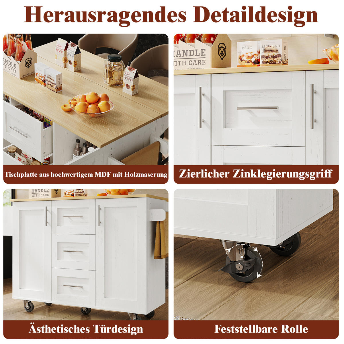 KÜCHENWAGEN 135x74x87.2cm Weiß mit Klappseiten, 3 Schubladen, Snackregal & 5 Rollen - Weiß, Holzwerkstoff (135/87.2/74cm) - Modfu
