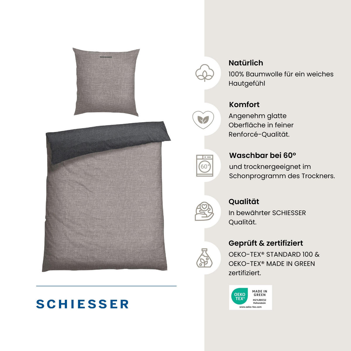 BETTWÄSCHESET Doubleface - Renforcé - 2-teilig - 135 x 200 cm - Grau-Schwarz - Schwarz, Textil (135/200cm) - SCHIESSER
