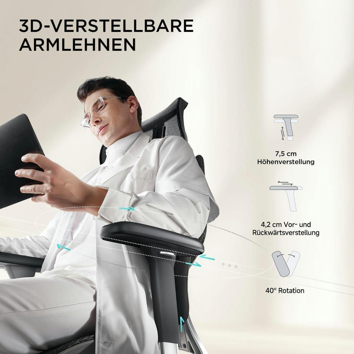 BÜROSTUHL E3 Air mit dynamischer Lendenstütze und 3D-Kopfstütze Schwarz - Schwarz, Textil (57/39/76cm)