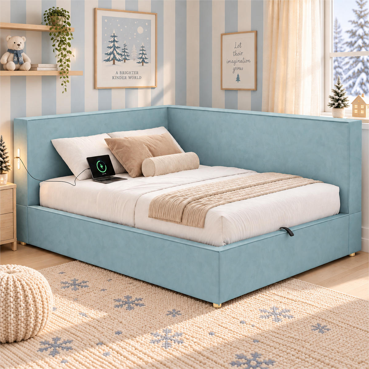 DAYBETT 140x200 cm, Blau, Samt, LED, USB/Typ-C - Blau, Textil (140/200cm) - FLIEKS