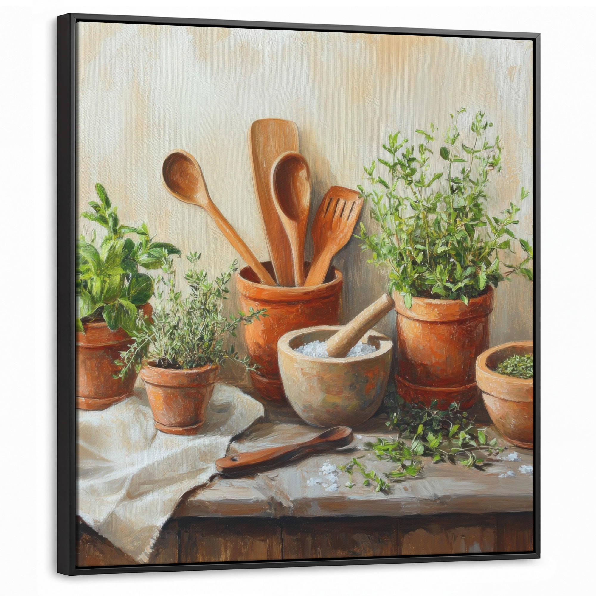 LEINWAND Bilder mit Rahmen - Töpfe - Kräuter - Holz - 90x90 - Terracotta, Textil (90/90cm) - MuchoWow