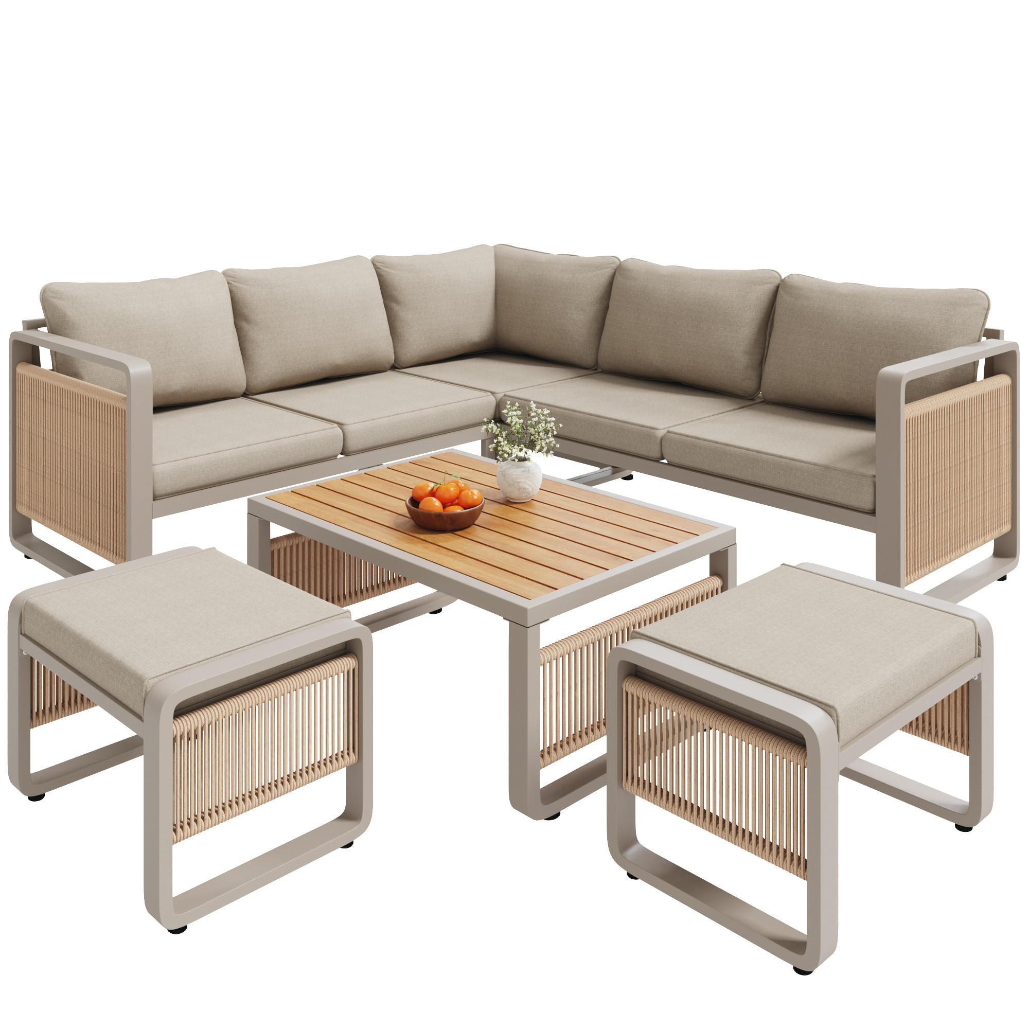 GARTENLOUNGE Beige 6-7 Personen Ecksofa Eisen Seil Kissen Set - Beige, Metall - FLIEKS